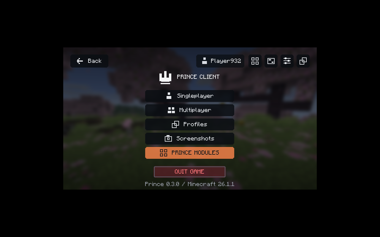 Actual Prince Client home screen in Minecraft, with navigation to modules, HUD editing, profiles, and Minecraft settings.